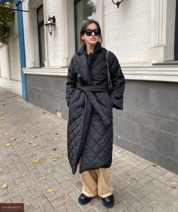 Купити чорне стьобане водовідштовхувальне жіноче пальто з поясом (розмір 42-52) в інтернеті