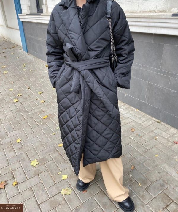 Замовити чорного кольору за низькими цінами стьобане водовідштовхувальне пальто з поясом (розмір 42-52) для жінок