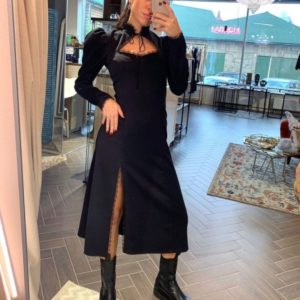 Купить женское платье длины миди с рукавом фонариком и кружевом черное в интернете