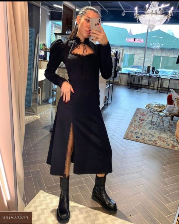 Купити жіночу сукню довжини міді з рукавом ліхтариком і мереживом чорну в інтернеті