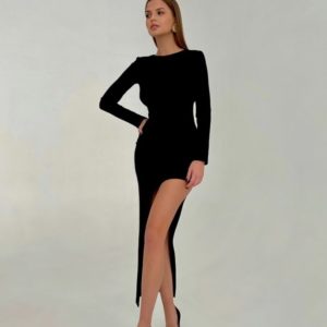 Купити на корпоратив жіноче асиметричне плаття міді з відкритою спиною чорне по знижці