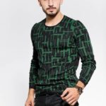 Приобрести выгодно черный с зеленым Двухцветный свитер с круглым вырезом для мужчин