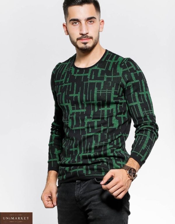 Приобрести выгодно черный с зеленым Двухцветный свитер с круглым вырезом для мужчин