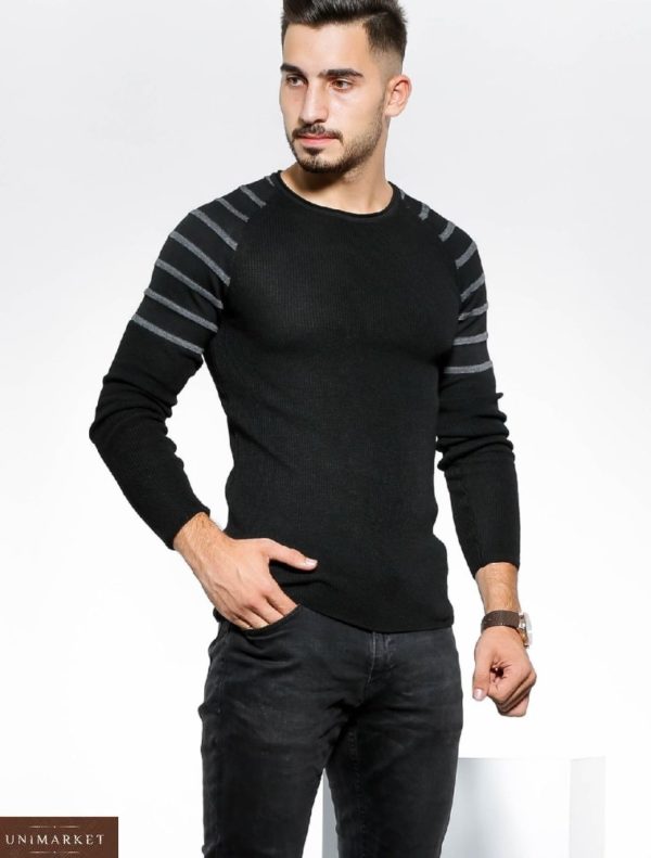 Придбати чорного кольору светр зі смугами на плечах (розмір 48-54) для чоловіків дешево