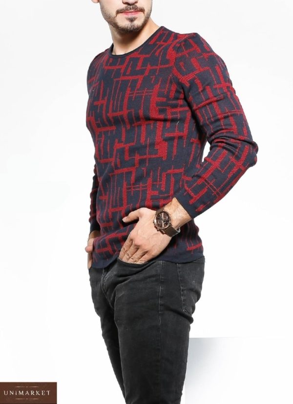 Купить двухцветный красный/синий свитер с круглым вырезом недорого