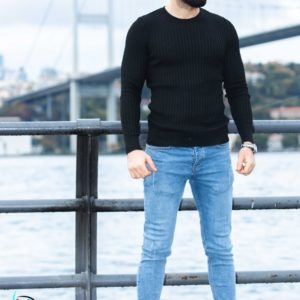 Купить по низким ценам черный свитер с круглым вырезом вязкой косичка для мужчин (размер 48-54)