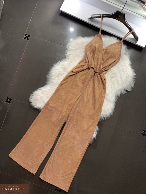 Замовити кольору мокко блискучий жіночий комбінезон з брюками на бретельках на свято онлайн