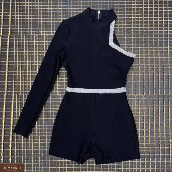 Придбати дешево жіночий велюровий комбінезон з шортами з одним рукавом чорного кольору