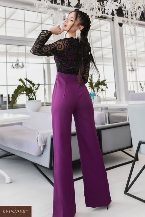 Купить онлайн Брючный комбинезон с сеткой с камушками (размер 42-48) для женщин фиолетовый