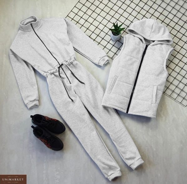 Заказать выгодно серый комплект: комбинезон на флисе + жилетка на синтепоне для женщин на зиму