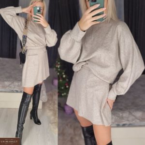 Замовити жіночий костюм бежевого кольору з ангори: спідниця міні і светр (розмір 42-48) онлайн