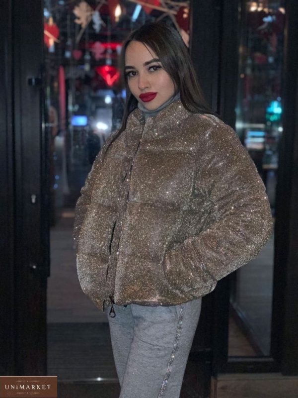 Приобрести золотую женскую короткую зимнюю куртку с блестками в интернете