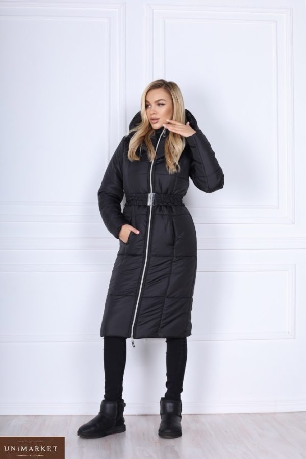Купити дешево жіночу теплу куртку на блискавці з поясом-резинкою (розмір 42-48) чорного кольору