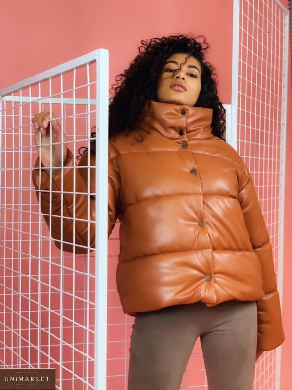 Купити жіночу теплу зимову куртку рудого кольору з еко шкіри онлайн