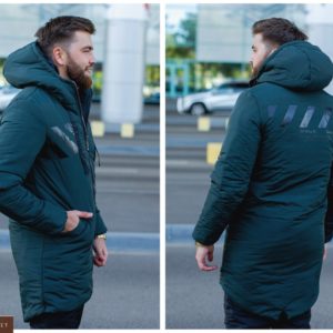 Заказать зеленую удлиненную мужскую куртку из турецкой плащевки аляска (размер 46-52) дешево