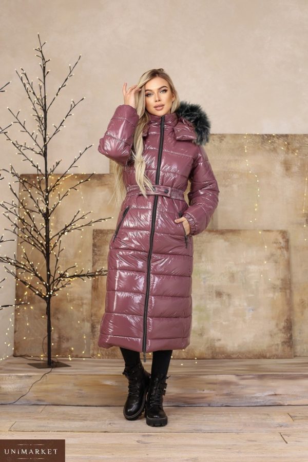 Купить женскую длинную куртку цвета баклажан на змейке с мехом (размер 42-48) недорого