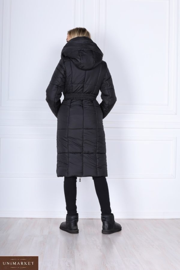 Приобрести черного цвета женскую теплую куртку на молнии с поясом-резинкой (размер 42-48) по скидке