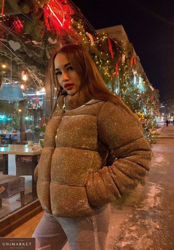 Заказать женскую золотую короткую зимнюю куртку с блестками онлайн