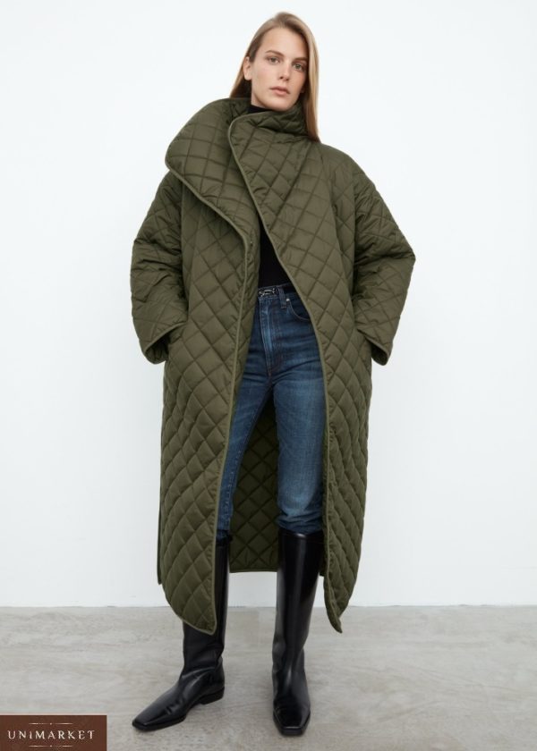 Заказать дешево женскую стеганую куртку-одеяло оверсайз с поясом цвета хаки