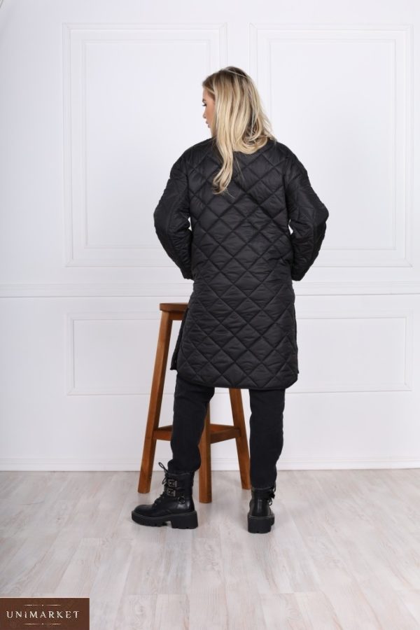 Придбати в Україні жіночу теплу стьобану куртку-сорочку на блискавки чорного кольору