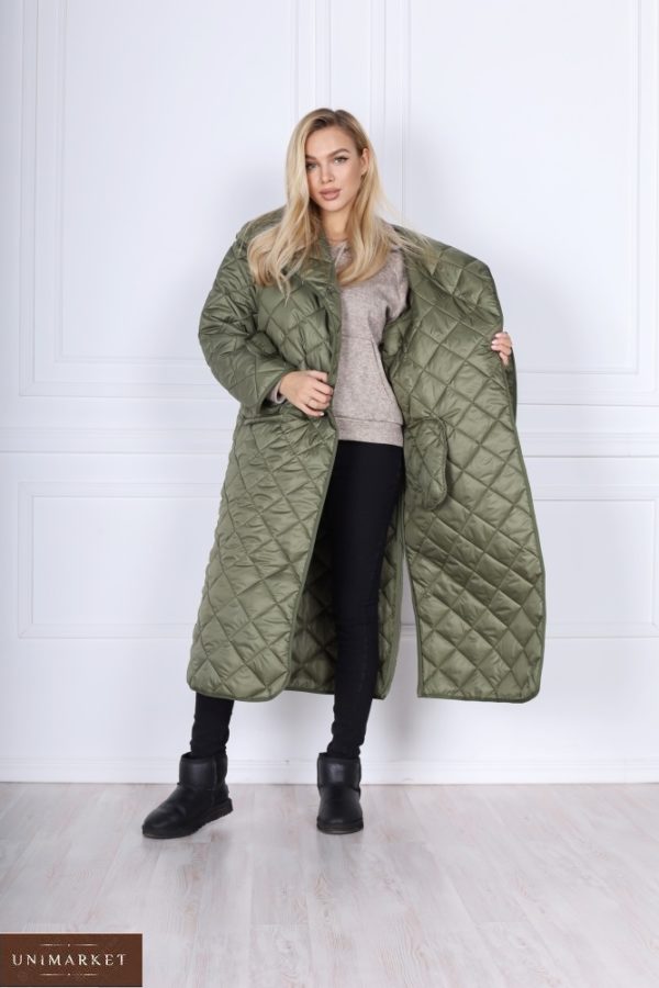 Приобрести стеганую куртку-одеяло цвета хаки оверсайз с поясом для женщин на зиму в Украине