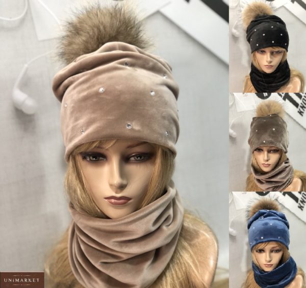 Купити беж, синій, чорний, мокко жіночий набір з подвійного велюру: шапка + шарф вигідно