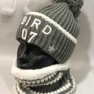 Заказать серого цвета теплый набор Bird: шапка для женщин с помпоном+шарф в Украине на подарок