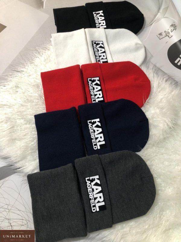 Заказать женский и мужской комплект Karl Lagerfeld: шапка и шарф в интернете разных цветов