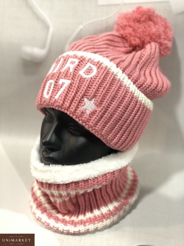 Заказать женский теплый розовый набор Bird: шапка с помпоном+шарф недорого