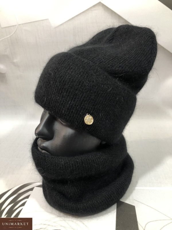 Купити дешево набір з ангори з вовною: шапка + шарф чорного кольору жіночий