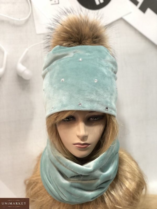 Заказать бирюзовый набор из двойного велюра для женщин: шапка+шарф онлайн
