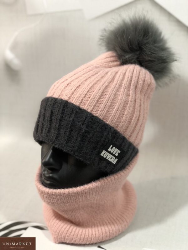 Купити пудра жіночий набір двійка зимовий: шарф + шапка з помпоном в інтернеті
