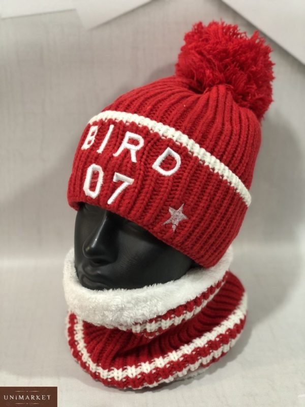 Приобрести на подарок женский теплый набор Bird: шапка с помпоном+шарф красного цвета онлайн
