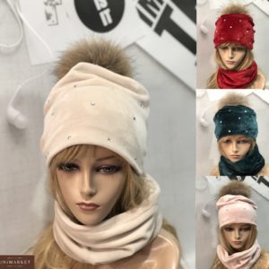 Заказать беж, изумруд, бордо набор из двойного велюра: шапка+шарф для женщин онлайннабор из двойного велюра: шапка+шарф