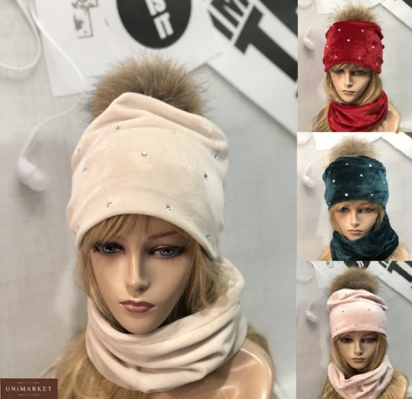 Заказать беж, изумруд, бордо набор из двойного велюра: шапка+шарф для женщин онлайннабор из двойного велюра: шапка+шарф