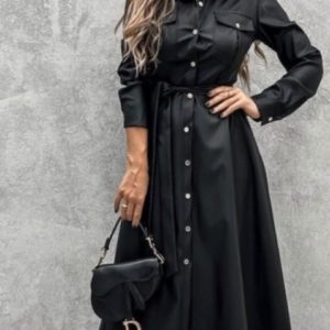 Заказать женское черное платье-рубашка из эко кожи длины миди (размер 42-50) онлайн