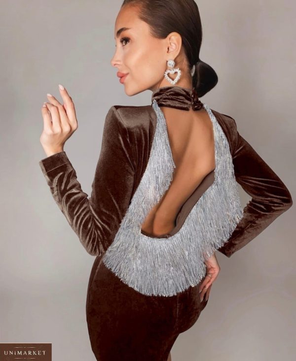 Купити шоколадне жіноче оксамитове вечірнє плаття з відкритою спиною і бахромою в інтернеті