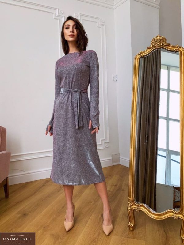 Купить серое платье хамелеон длины миди с длинным рукавом для женщин онлайн