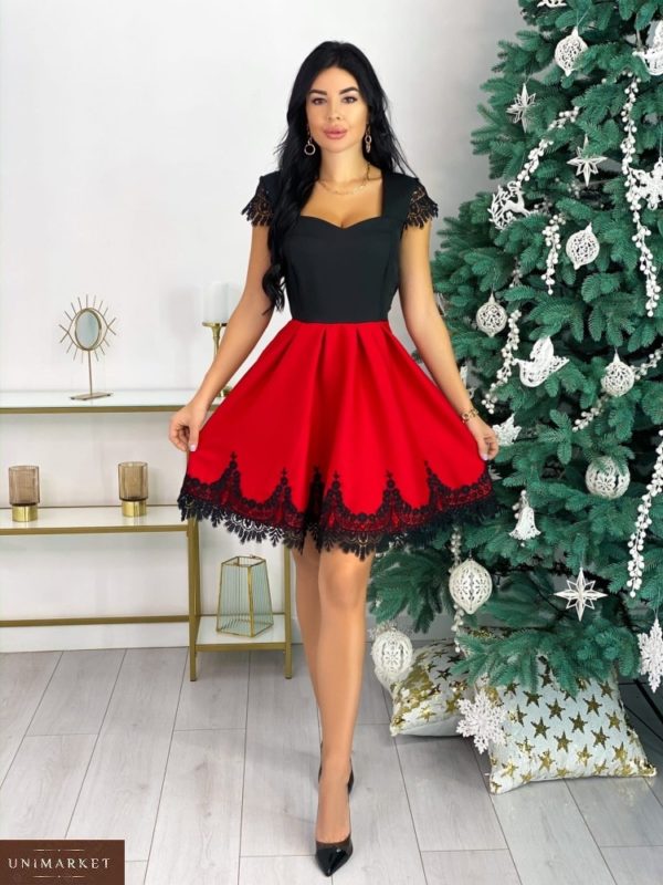 Замовити жіночу червону сукню з обробкою з французького мережива дешево (розмір 42-48)
