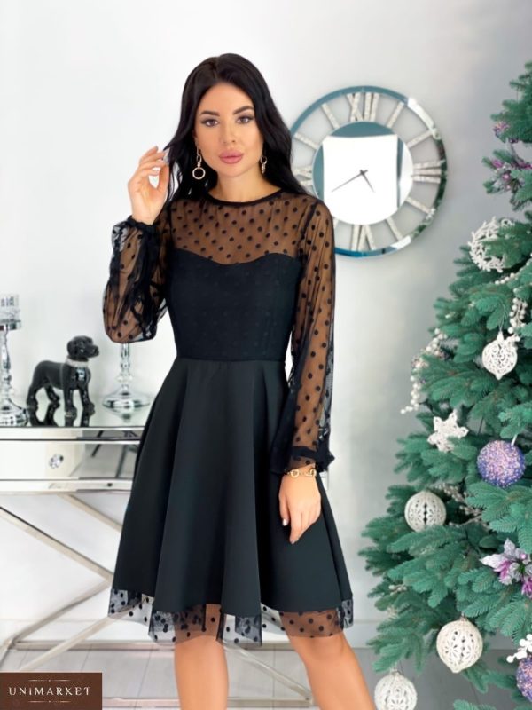 Купить черное женское коктейльное платье с сеткой в горошек (размер 42-48) в интернете
