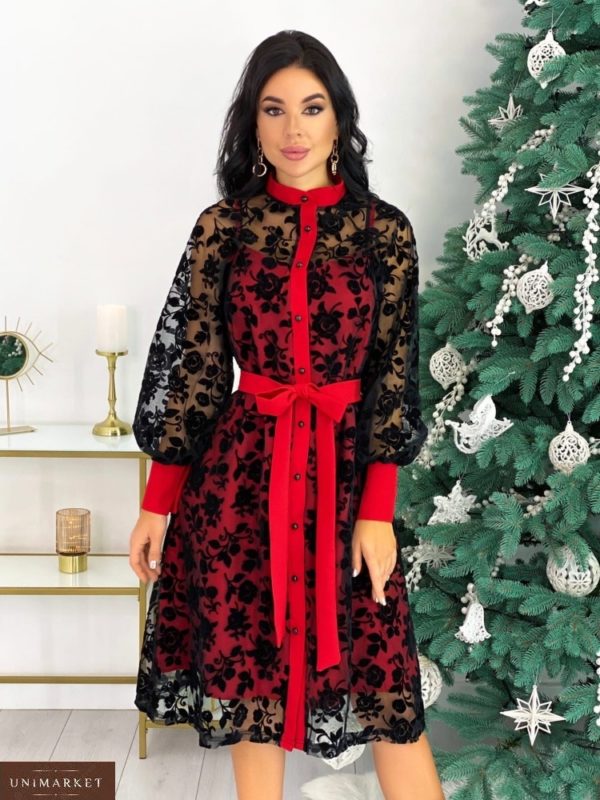 Заказать женское красное элегантное платье с напылением флок (размер 42-48) по скидке