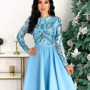 Заказать голубое женское платье с узорами с юбкой солнце (размер 42-48) онлайн