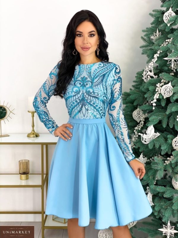 Замовити блакитне жіноче плаття з візерунками зі спідницею сонце (розмір 42-48) онлайн