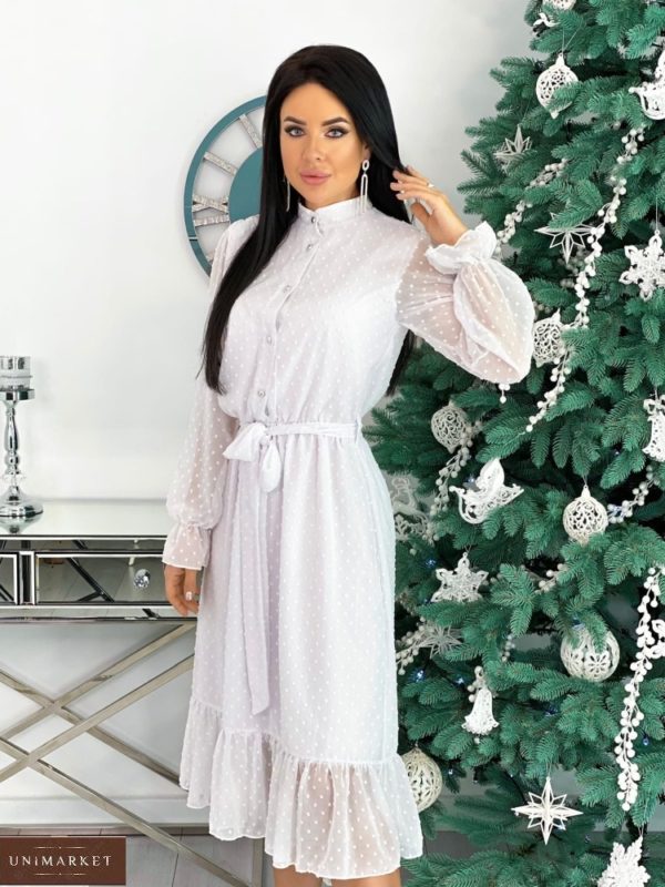 Приобрести белое нежное платье в структурный горошек с поясом (размер 42-48) для женщин онлайн