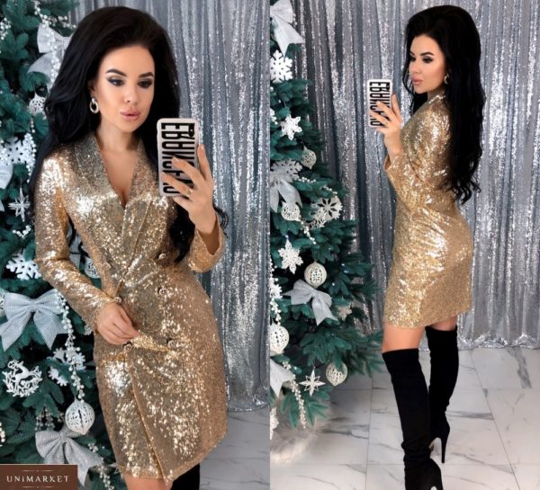 Заказать золотое женское Праздничное платье-пиджак с пайетками недорого