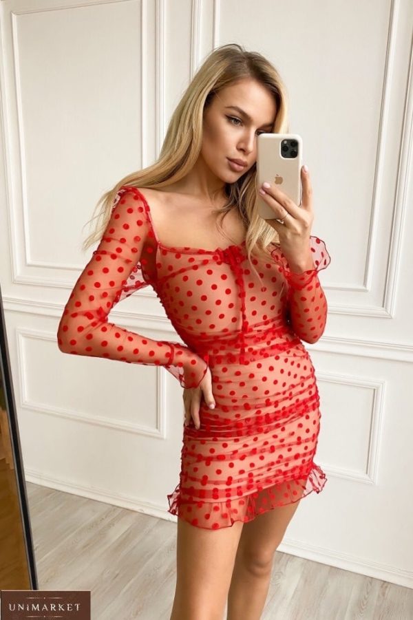 Придбати червоне ніжне плаття міні з сіткою в горошок (розмір 42-48) для жінок онлайн