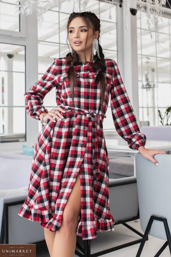 Купити червону вовняну сукню-сорочка онлайн в клітку (розмір 42-48) жіночу