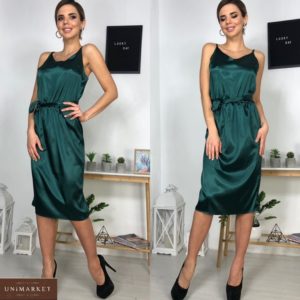 Купити смарагдове атласне плаття міді з поясом в інтернеті для жінок