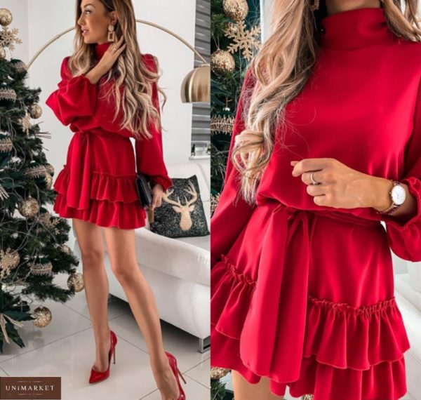 Замовити червоне закрите плаття з рюшами і довгим рукавом для жінок (розмір 42-50) онлайн