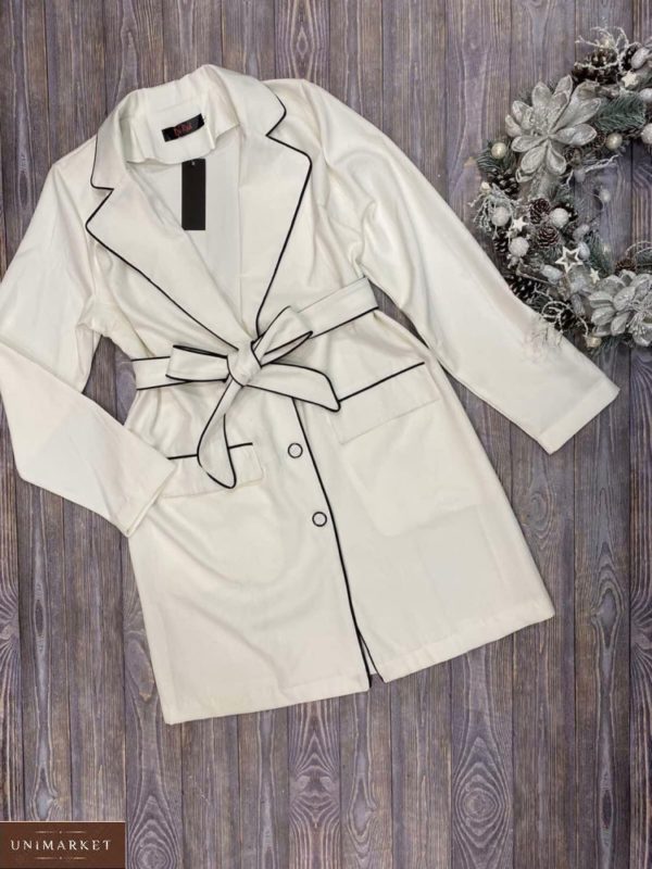 Заказать белое женское платье-халат с контрастной окантовкой дешево